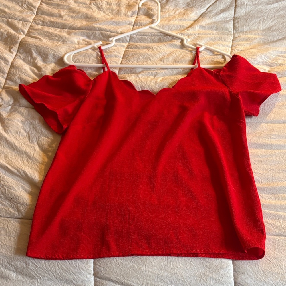 Elegant Red Scallop-Trim Blouse